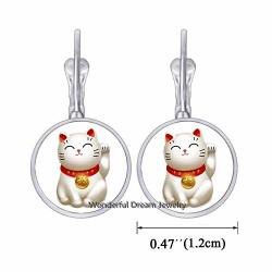 Waozshangu Silver Maneki Neko Lucky Cat Earrings Pewter Maneki Neko Charm Earrings Welcoming Cat Earrings Chinese Lucky Cat Earrings PU011 Silver