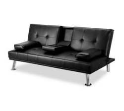 - Sylvia Pu Leather Sleeper Sofa Bed With Cup Holder - Black