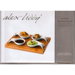 Alex Liddy 5 Piece Tasting Plate MINI White Spoons And Bamboo Board Set