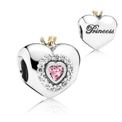 Pandora Heart Silver Charm With 14K Crown Pink Cubic Zirconia - Authentic And Brand New