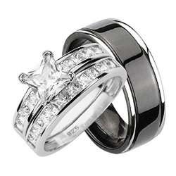 His And Hers Wedding Rings Set Sterling Silver Titanium Matching Bands For Him And Her