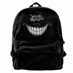 Wuhonzs Canvas Backpack We're All Mad Here Cheshire Cat Quote Rucksack Gym Hiking Laptop Shoulder Bag Daypack For Men Women