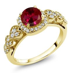 Gem Stone King 18K Yellow Gold Plated Silver Red Created Ruby Women's Ring 1.32 Ct Round Size 5