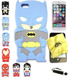 Bukit Cell 3D Superhero Case Bundle 4 Items: Batman Blue Cute Justice League Cartoon Soft Silicone Case For 4.7 Inch Iphone 6S 6