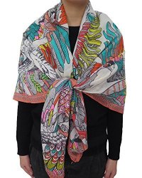 Lina & Lily Parrot Bird Print Square Scarf Shawl For Women Lightweight White And Pink