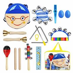 Kids Musical Instruments Shinepick Musical Instruments Toys Set For Toddler 15PCS Wooden Percussion Instruments Tambourine Maracas Harmonica For Boys & Girls With Carry Bag