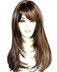 Kalyss Brown With Highlights Yaki Synthetic Women's Wig With Hair Bangs Centre Parting Long Straight Layered Heat Resistant Synthetic Hair Wig For Women Brown