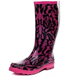 High Knee Flat Welly Rain Boots Pink Lace Sz 7