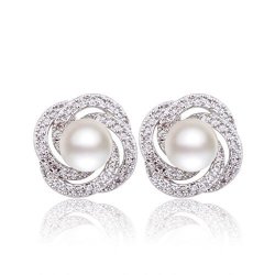 Gulicx Silver Plated Base Simulated Pearl Cz Spiral Bridesmaid Pierced Stud Earrings Ivory Color Gift
