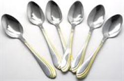 Catering 6 Piece Stainless Steel Dinner Tea Spoons Set With Gold Wave Design Printed On Handle Retail Box No Warranty Product Overviewthe