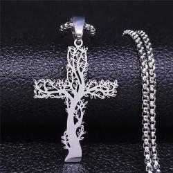 Tree Of Life Cross Stainless Steel Chain Necklace Silver Color Statement Necklace Jewelry Joyeria Acero Inoxidable Mujer N301802 - A 50 Cm Box Sr