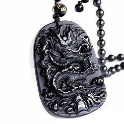 Natural BLACK Obsidian Crystal Oriental Dragon Shaped Pendant Necklace With Adjustable Rope