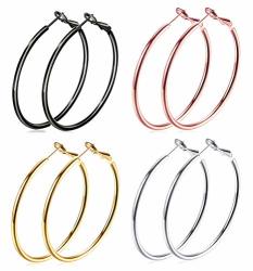 Jindorla Hoop Earrings 4 Pairs 18K Gold Plated Stainless Steel Round Earrings Hoops In 18K Gold Plated Rose-gold Plated For Girls Mens Sensitive Ears 4 Colors 50MM