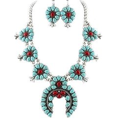 Aris Southwestern Navajo Tribal Squash Blossom Necklace Bundle: Necklace Earrings & Bag Turq Red