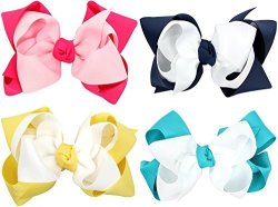 Set Of 4 Baby Girl Ribbon Hair Bow Clips 4.5 Inch For Girls Children Kids' Ponytails In Gift Box Pure