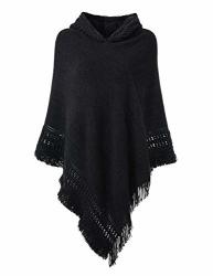 Women Hooded Shawl Cape Knit Sweater Poncho Tassel Fringe Hem Knit Scarf Top Black