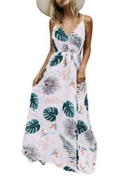 Women Diukia Casual Floral Print V Neck Long Beach Dress Boho Maxi Dress XL White