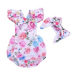 BABY Girls' Full Flower Print Floral Ruffle Cross Back Romper Bodysuit With Headband 12-24M Color 2