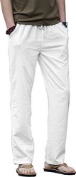 Hoerev Men Casual Beach Trousers Linen Jean Jacket Summer Pants White Large