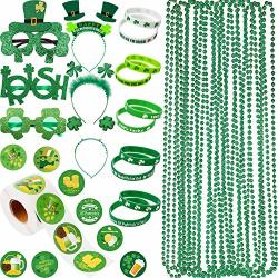 528 Pieces St. Patrick's Day Shamrock Party Favor Accessories 12 Green Bead Necklaces 10 Silicone Bracelets 3 Clover Sunglasses 3 Glitter Shamrock Headbands 500 Stickers For Irish Party Decoration