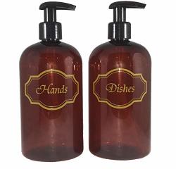 Bottiful Home- 16 Oz Refillable Empty Amber Pet Plastic Hand Soap And Dish Soap Kitchen Dispenser Soap Pump Set-gold Printed-black Pumps-fully Waterproof Rust-free Clog-free Drip-free
