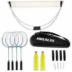 Hiraliy Complete Badminton Set Badminton Rackets Set Of 4 For Outdoor Backyard Games Includes 1 Portable Badminton Net 4 Rackets 12 Plastic Shuttlecocks 4 Replacement Grip Tapes And 1 Carry Bag