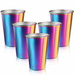 Rainbow Stainless Steel Cups Spnavy 5 Pack 16 Oz Stackable Metal Drinking Glasses Unbreakable Pint Cup Tumblers For Party Pubs Bars Travel Outdoor Camping Everyday Use