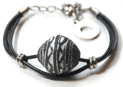 Atenea Handmade Mali Clay Spindle Whorl Bead On Leather Bracelet