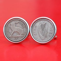 1967 Irish Ireland 3 Pence Harp Coins Silver Plated Cufflinks New - Lucky Rabbit Hare