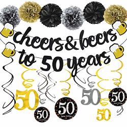 Joymee 50TH Birthday Party Decorations Kit Cheers & Beers To 50 Years Banner 6 Pom Poms 12-PACK Sparkling 50 Hanging Swirl For 50TH Anniversary Decorations 50 Years Old Party Supplies