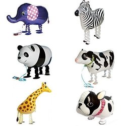 Signstek 6PCS Walking Animal Balloons Birthday Party Decor Children Kids Gift - Including Bulldog Giraffe Zebra Elephant Panda Cow