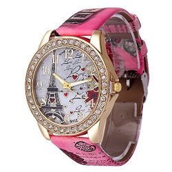 Women's Wrist Watch Vintage Paris Eiffel Tower Crystal Leather Quartz Wristwatch Best Gift Pink -1