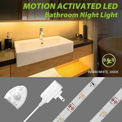 5FT 1.5M Motion Activated LED Strip Light Megulla Under Cabinet Lighting Dimmable IP65 Waterproof 12V Power Supply Optional Timer Warm White 3000K 1PACK
