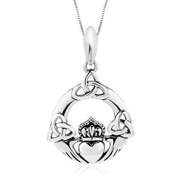 925 Sterling Silver Oxidized Irish Claddagh Friendship Celtic Knot Pendant Necklace 18