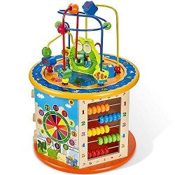 Gleeporte New 8-IN-1 - Wooden Activity Play Cube Includes Tic Tac Toe Game Multi-function Deluxe Learning Multi Sensory Educational Toy For