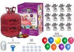 Helium Tank With 50 Balloons And White Ribbon + 12 Silver Balloon Weights + 10 Flower Clips - Plus Balloon Tying Tool
