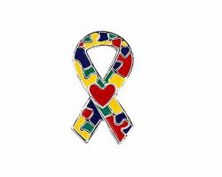 Fundraising For A Cause Autism Ribbon Shaped Pin With Red Hearts - Inexpensive Asperger's autism Awareness Multi-colored Jigsaw Puzzle Ribbon Pin In A Gift