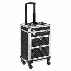 Mefeir Rolling Makeup Train Case Aluminum Cosmetic Luggage Lockable Travel Case Trolley With 4 360-DEGREE Casters & 2 Sliding Deep Drawers For Professional Artist Hair Stylist Black