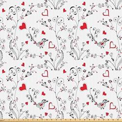 Lunarable Hearts Fabric By The Yard Romantic Nature Pattern With Foliage With Cute Birds And Shapes Of Love Dots Microfiber Fabric For Arts And