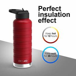 Reyleo Insulated Water Bottle With Straw Lid- 32 Oz Red 2 Lids 18 8 Stainless Steel Water Bottle Keep Cold 36 Hours& Hot 12 Hours Standard Mouth With Straw Lid