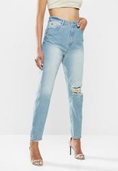 Missguided Riot Single Busted Knee Mom Jean - Blue