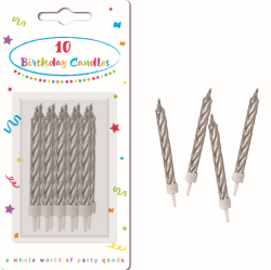 SPIRAL Silver Birthday Candles With Holders 10 Pack