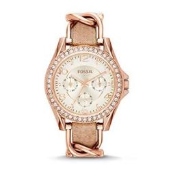 Fossil Women Riley Quartz Stainless Steel And Leather Multifunction Watch Color: Rose Gold Tan Model: ES3466
