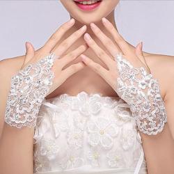Fansmile White Fingerless Rhinestone Lace Sequins Short Wedding Gloves