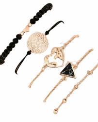 Bracelet Set Black And Gold With Heart Detail 5 Pieces