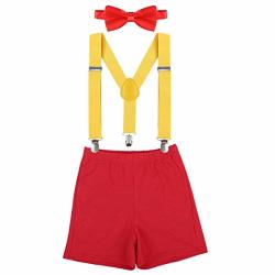 Toddler Baby Boy Clothes Set 1ST Birthday Cake Smash Bowtie Suspenders Pants 3PCS Outfits Diaper Nappy Cover Christening Clothes Red+yellow