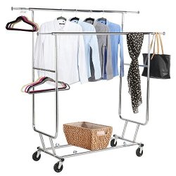 Yaheetech Commercial Grade Collapsible Adjustable Double Rail Rolling Clothes Rack Garment Rack Drying Rack Clothing Hanging Rack W adjustable Height And Length On Wheels Chrome
