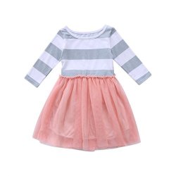 Baby Toddle Girls Tutu Dress Short Sleeves Stripe Tulle Skirts MINI Dress 4T 4-5YEARS Pink-long Sleeves