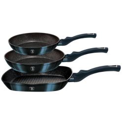 3 Pieces Marble Coating Fry Pan Set - Black-silver Edition