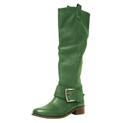 Dainzuy Women's Knee High Riding Boots Ladies Fashion Winter Buckle Thick Flat Heels Leather Boots Green